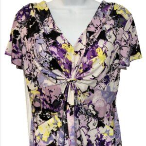 Daisy Fuentes Ladies Petite Large Short Sleeve Multicolor V Front TieNeck Blouse